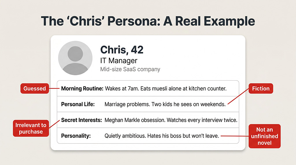 Satirical mock buyer persona card for 'Chris, IT Manager' filled with fictional personal details like marriage problems and celebrity obsessions, annotated to highlight that the content is guesswork, not research