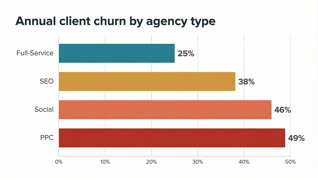 Bar chart showing annual churn rates: full-service agencies at 25%, SEO at 38%, social at 46%, and PPC specialists at 49%
