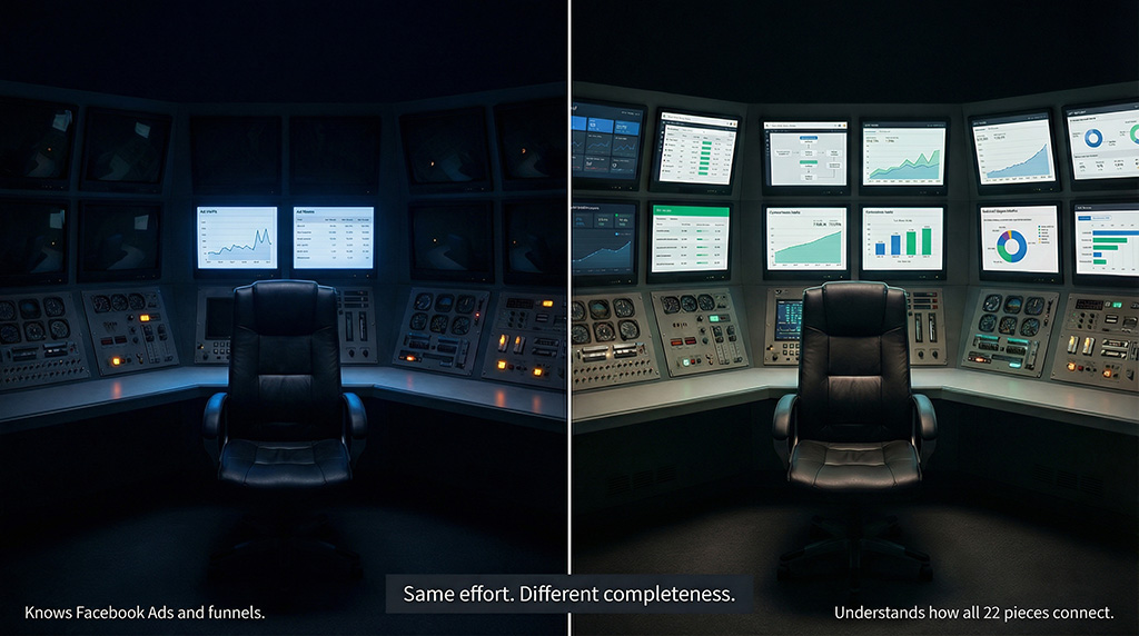 Split image of the same cockpit command centre — left side mostly dark with only two screens active and warning lights ignored, right side fully illuminated with all 22 instruments live — illustrating the difference between knowing two marketing tactics and understanding the complete system.