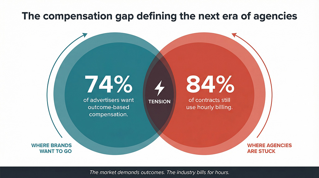 Diagram showing tension between 74% of advertisers wanting outcome-based pay and 84% of contracts still using hourly billing