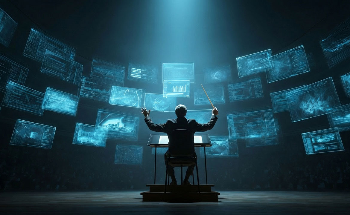 Person orchestrating multiple AI tools on screen—text generation, image creation, data analysis—with handwritten notes nearby, representing the shift from specialist execution to generalist orchestration.