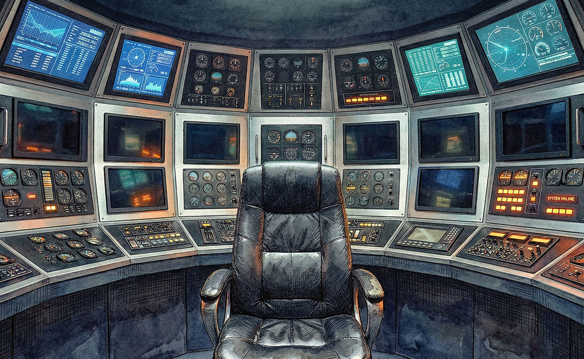 A cockpit command centre with dozens of instruments and screens surrounding a single empty chair — some gauges active, others dark with warning lights — representing the many marketing skills one person needs to monitor for a funnel to work.