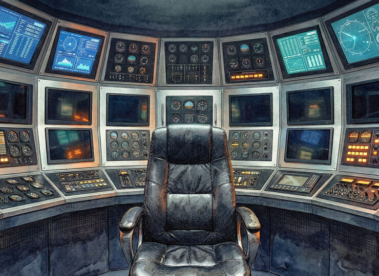 A cockpit command centre with dozens of instruments and screens surrounding a single empty chair — some gauges active, others dark with warning lights — representing the many marketing skills one person needs to monitor for a funnel to work.