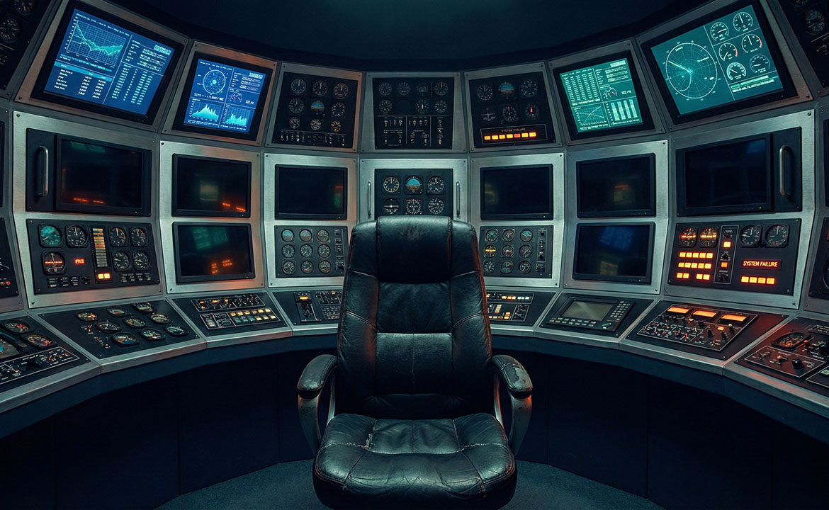 A cockpit command centre with dozens of instruments and screens surrounding a single empty chair — some gauges active, others dark with warning lights — representing the many marketing skills one person needs to monitor for a funnel to work.