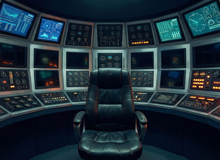 A cockpit command centre with dozens of instruments and screens surrounding a single empty chair — some gauges active, others dark with warning lights — representing the many marketing skills one person needs to monitor for a funnel to work.