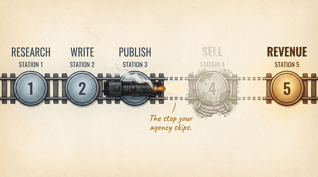 Illustrated railway with five stations — Research, Write, Publish, Sell, Revenue. The train stops at Publish while the Sell station sits abandoned and overgrown, showing how agencies skip the step that generates revenue.
