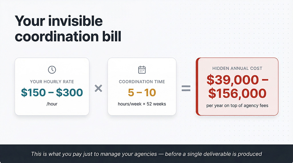 Calculation showing coordination time costs business owners between $39,000 and $156,000 annually on top of agency fees