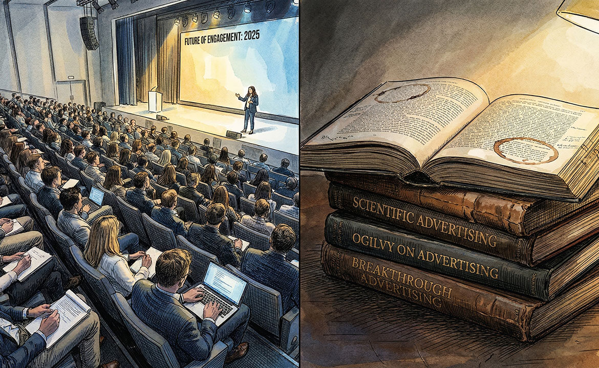 Marketing conference audience taking notes on ideas originally published in classic advertising books decades ago