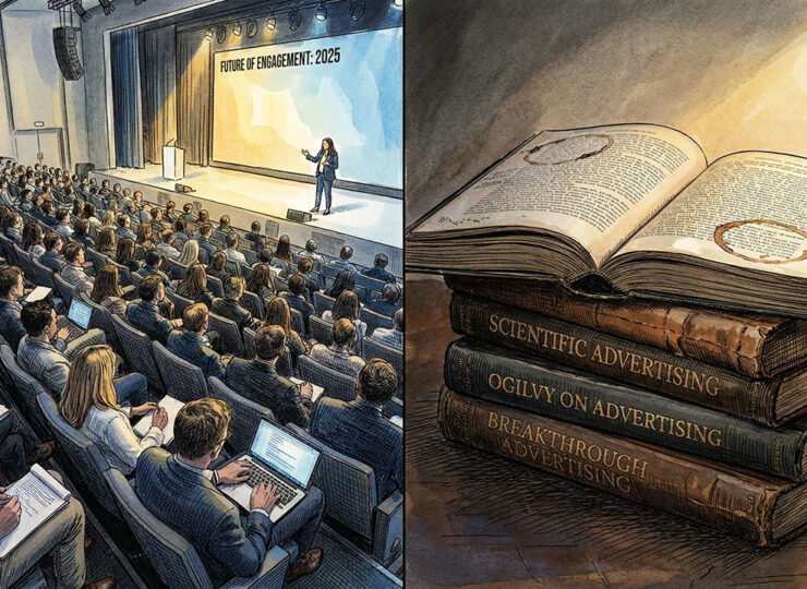 Marketing conference audience taking notes on ideas originally published in classic advertising books decades ago
