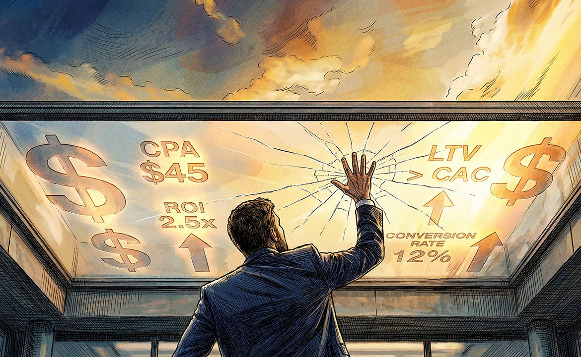 Business owner looking up at a glass ceiling marked with dollar signs — representing the self-imposed CPA limits that constrain growth