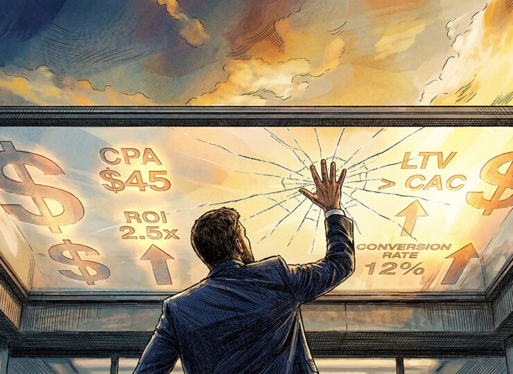 Business owner looking up at a glass ceiling marked with dollar signs — representing the self-imposed CPA limits that constrain growth