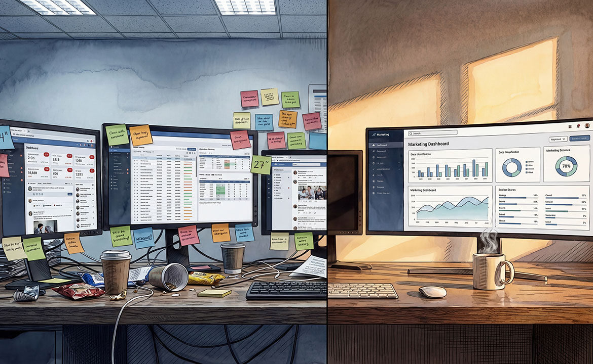 Split image comparing a chaotic multi-screen desk with notification overload to a clean single-screen workspace showing one unified marketing dashboard
