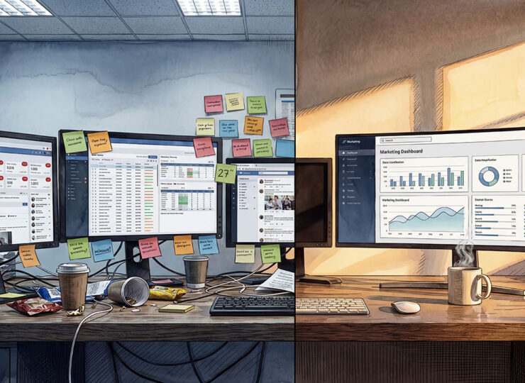 Split image comparing a chaotic multi-screen desk with notification overload to a clean single-screen workspace showing one unified marketing dashboard