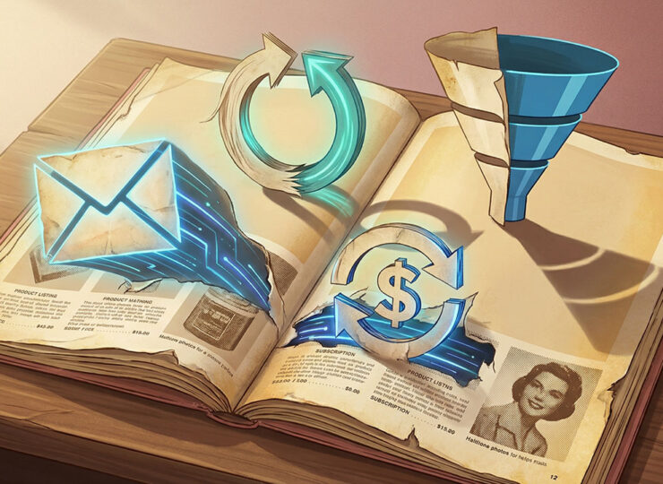 Vintage mail-order catalogue with modern digital marketing icons — email, funnels, retargeting — emerging from its pages