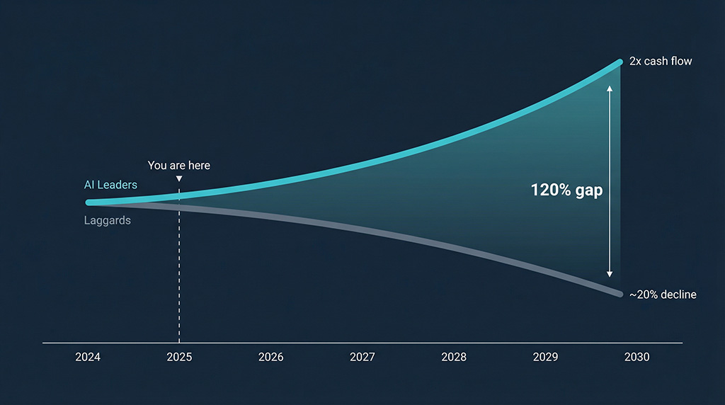 Two diverging trend lines from 2024 to 2030 showing AI leaders doubling cash flow while laggards decline 20 percent — a 120 percent gap that widens every quarter of delay.