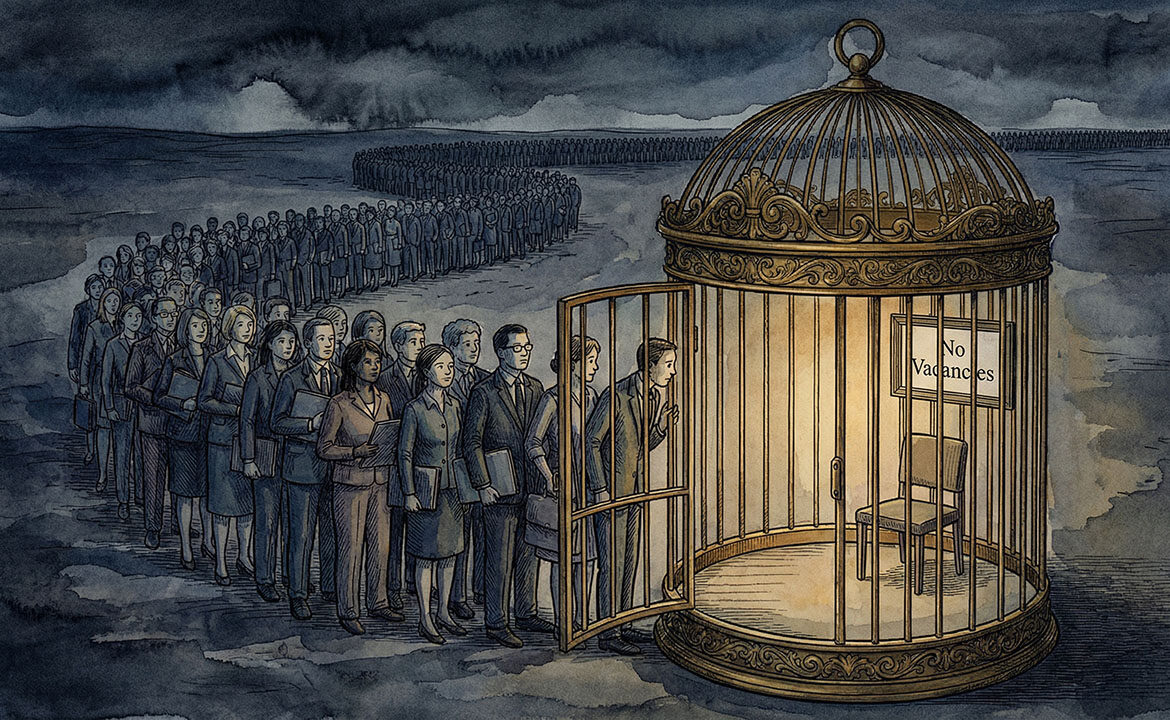 An ornate golden birdcage with its door wide open. Inside, a single chair faces the back wall where a 'No Vacancies' sign hangs. Outside the open door, a massive queue of people stretches to the horizon, unseen.