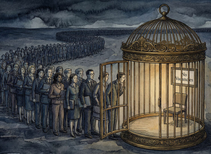 An ornate golden birdcage with its door wide open. Inside, a single chair faces the back wall where a 'No Vacancies' sign hangs. Outside the open door, a massive queue of people stretches to the horizon, unseen.
