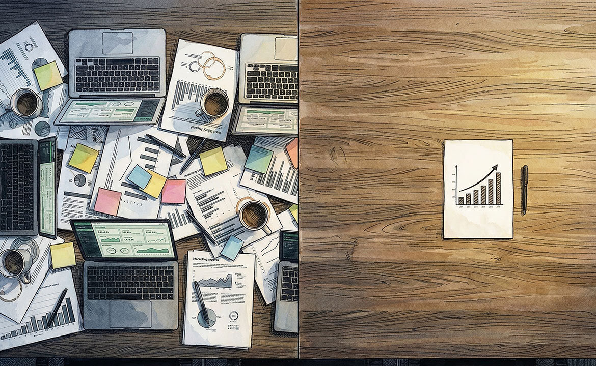 Overhead conference table split between scattered marketing reports and dashboards on the left and a single clean revenue chart on the right — representing the difference between content activity and content that drives sales.