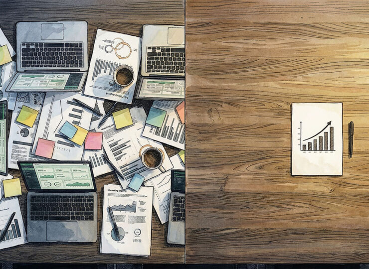 Overhead conference table split between scattered marketing reports and dashboards on the left and a single clean revenue chart on the right — representing the difference between content activity and content that drives sales.
