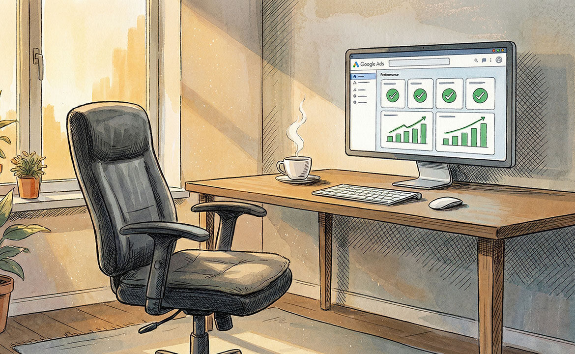 Empty office chair in front of a Google Ads dashboard showing all green metrics, coffee still steaming, no one sitting — illustrating ecommerce agency work being automated