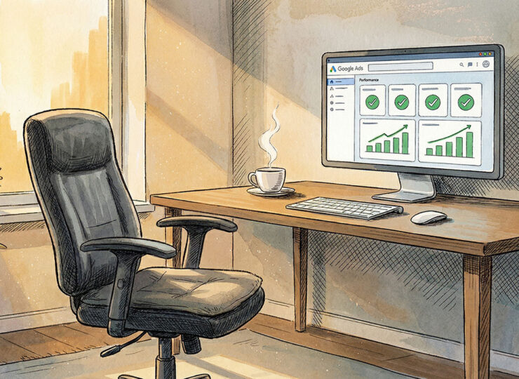 Empty office chair in front of a Google Ads dashboard showing all green metrics, coffee still steaming, no one sitting — illustrating ecommerce agency work being automated