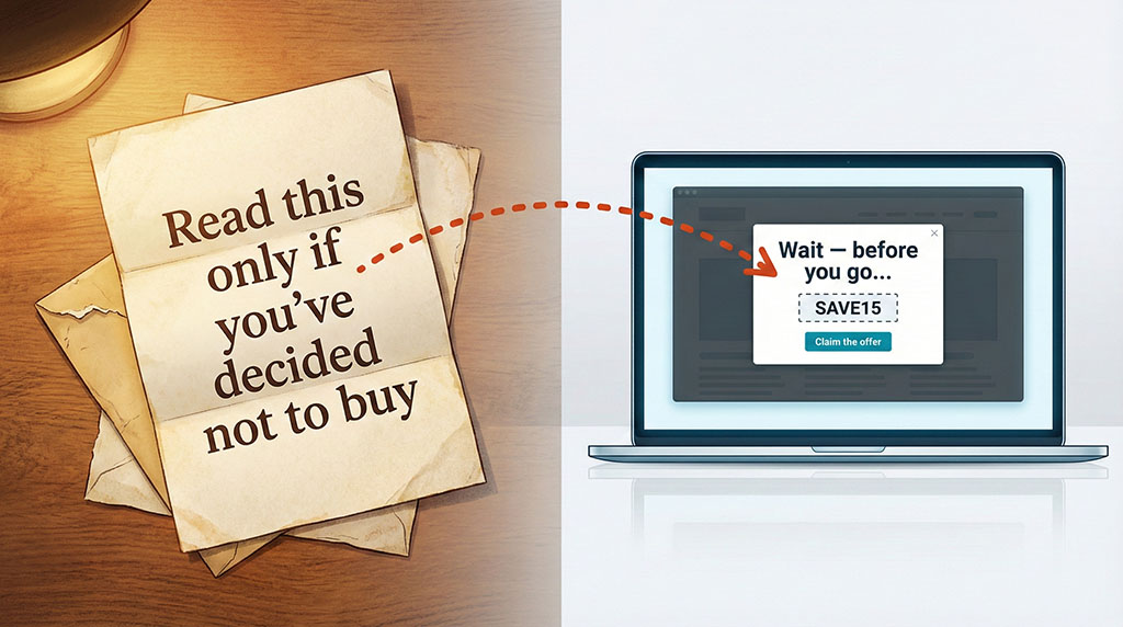 Side-by-side showing a 1960s direct mail lift letter reading 'Read this only if you've decided not to buy' next to a modern exit-intent popup reading 'Wait — before you go' — same tactic, sixty years apart