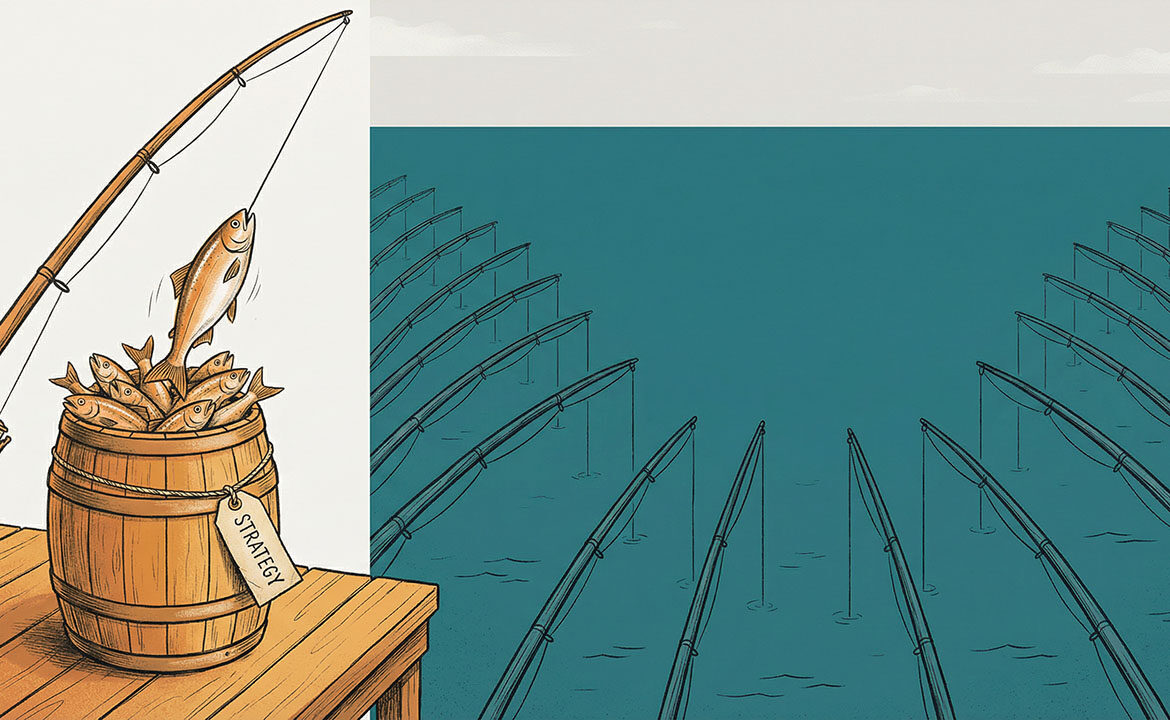 Close-up illustration of a full barrel of fish with a rod resting against it and the empty ocean distant in the background—visual closure to the strategy-first argument