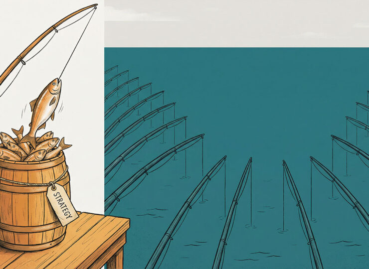 Close-up illustration of a full barrel of fish with a rod resting against it and the empty ocean distant in the background—visual closure to the strategy-first argument