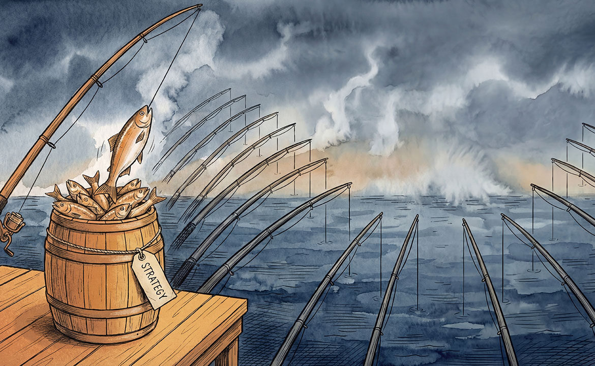 Close-up illustration of a full barrel of fish with a rod resting against it and the empty ocean distant in the background—visual closure to the strategy-first argument