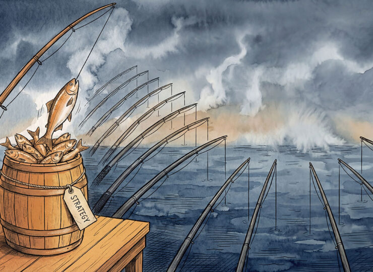Close-up illustration of a full barrel of fish with a rod resting against it and the empty ocean distant in the background—visual closure to the strategy-first argument