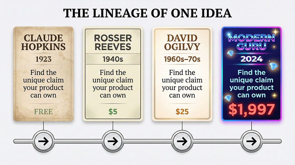Timeline showing the same positioning concept passed from Hopkins to Reeves to Ogilvy to modern courses, with prices increasing at each step