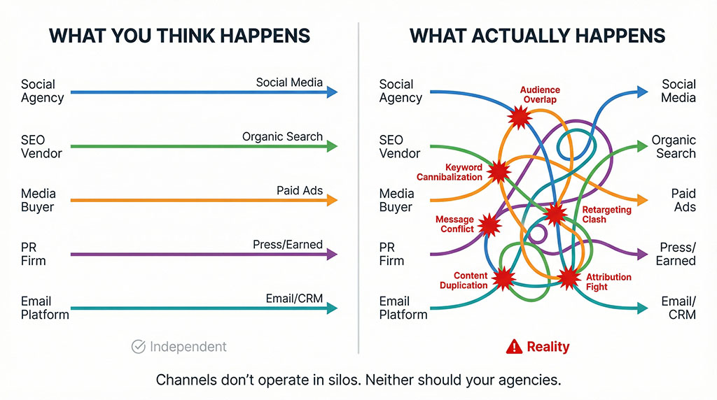 Diagram comparing the expected parallel workflow of independent agencies against the reality of tangled, colliding channel interactions