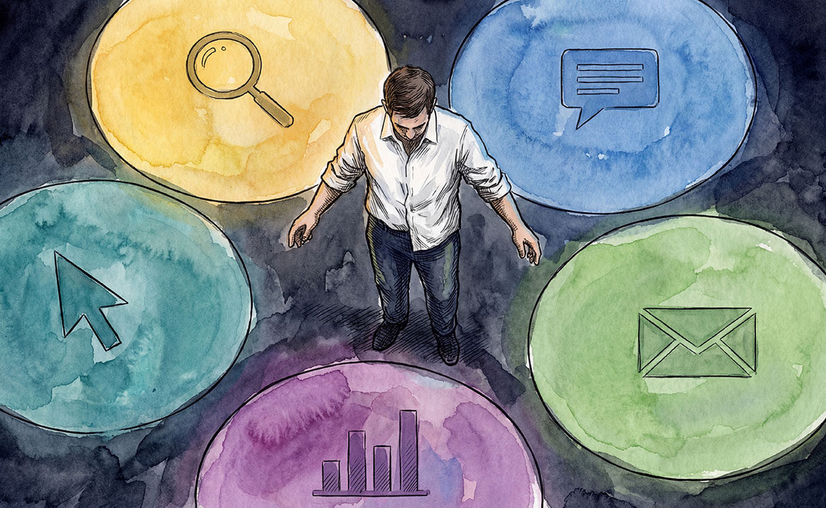 Illustration of a person standing in the dark gaps between five separate pools of colored light, each representing a different marketing channel — visible individually, but disconnected from each other.