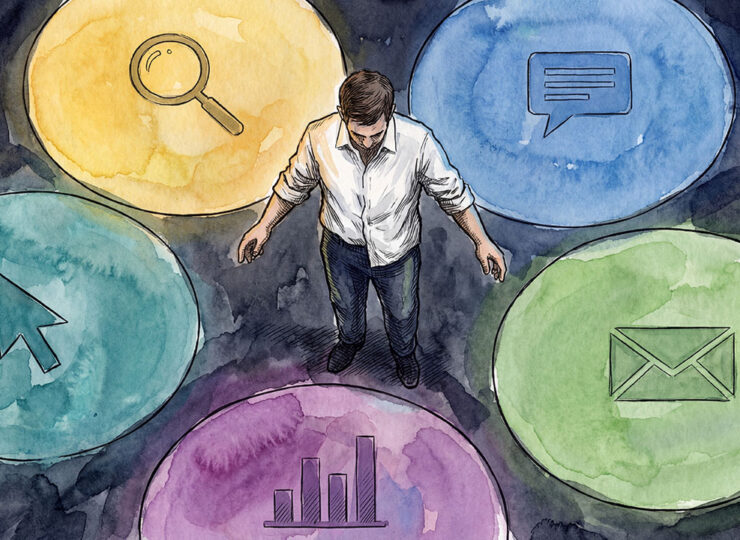 Illustration of a person standing in the dark gaps between five separate pools of colored light, each representing a different marketing channel — visible individually, but disconnected from each other.