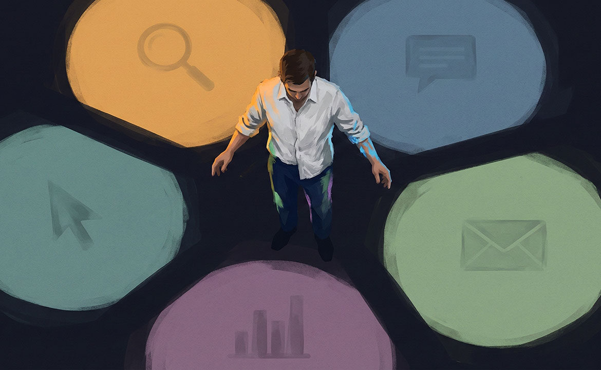Illustration of a person standing in the dark gaps between five separate pools of colored light, each representing a different marketing channel — visible individually, but disconnected from each other.