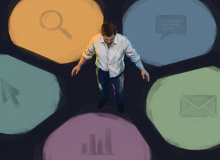 Illustration of a person standing in the dark gaps between five separate pools of colored light, each representing a different marketing channel — visible individually, but disconnected from each other.