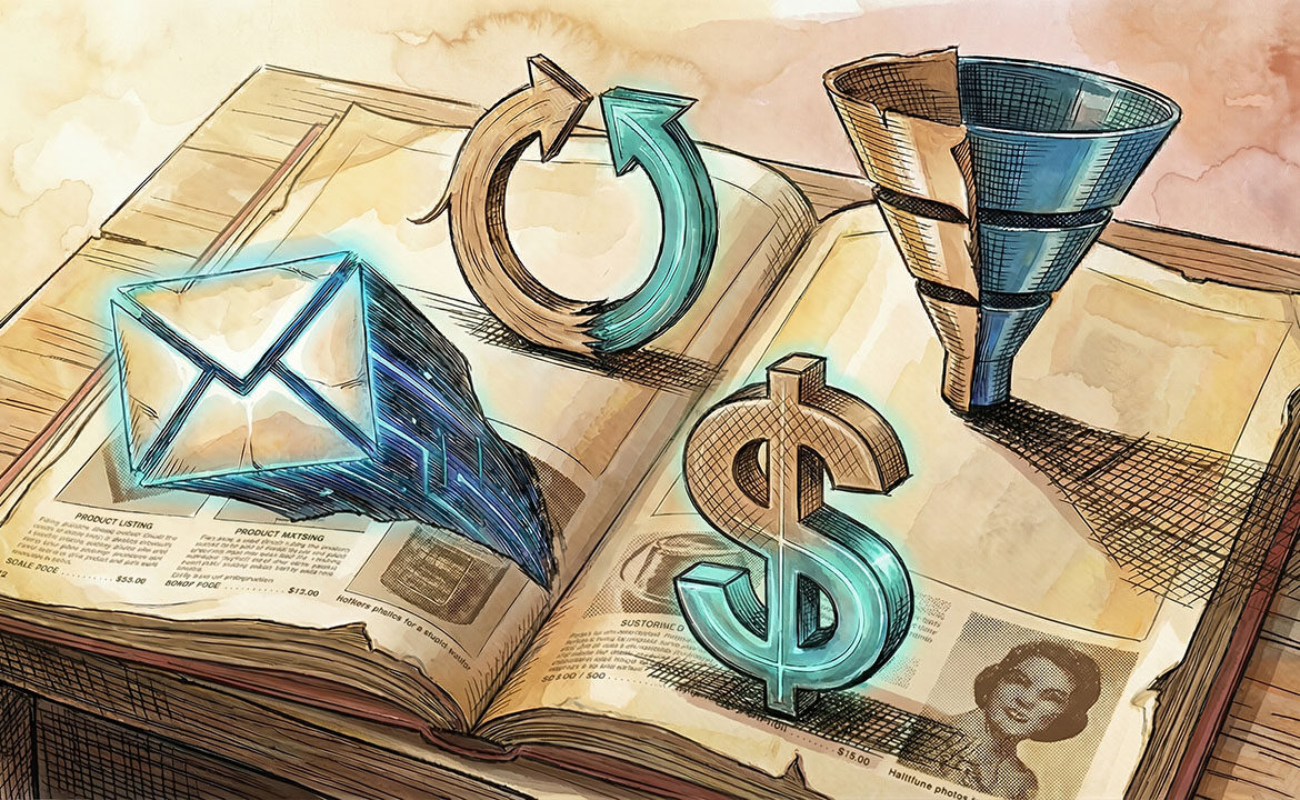 Vintage mail-order catalogue with modern digital marketing icons — email, funnels, retargeting — emerging from its pages