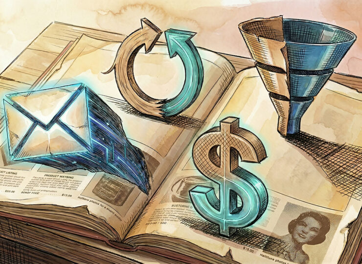Vintage mail-order catalogue with modern digital marketing icons — email, funnels, retargeting — emerging from its pages