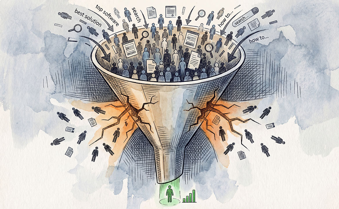 Illustration of a sales funnel overflowing with leads at the top while cracking at the midpoint, with figures falling through the gaps — representing 223 leads lost to slow response times despite a 20% increase in volume.