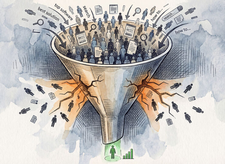 Illustration of a sales funnel overflowing with leads at the top while cracking at the midpoint, with figures falling through the gaps — representing 223 leads lost to slow response times despite a 20% increase in volume.
