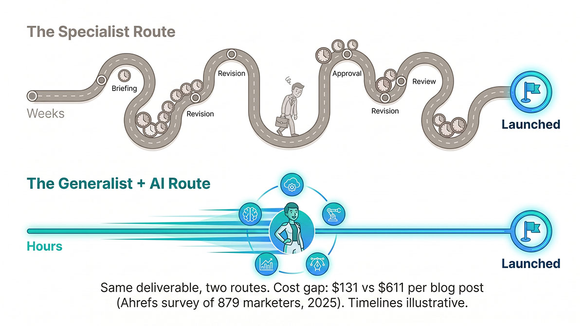 Two routes to the same launch flag. The specialist route winds through briefing, revision and approval loops. The generalist plus AI route runs straight.
