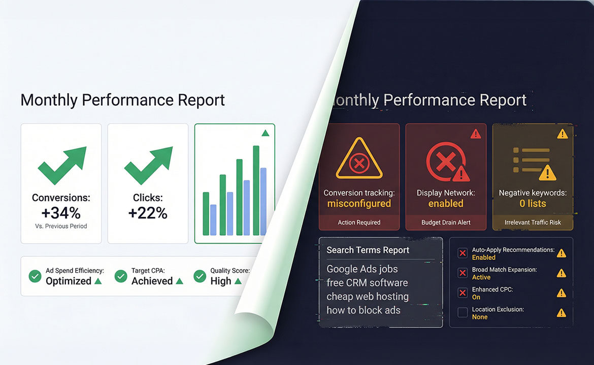 Split illustration showing a polished Google Ads performance report with green metrics on the left, peeling away to reveal red warning indicators and misconfigured settings on the right.