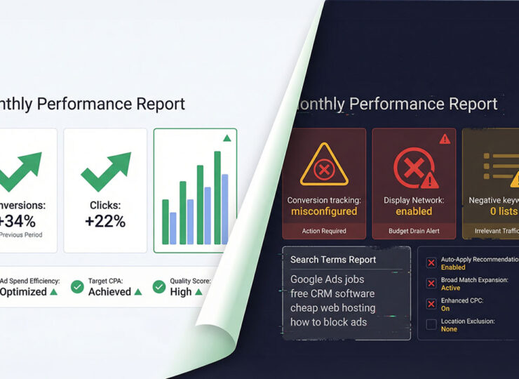 Split illustration showing a polished Google Ads performance report with green metrics on the left, peeling away to reveal red warning indicators and misconfigured settings on the right.