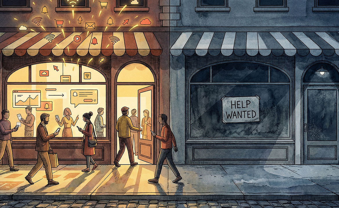 Split-screen illustration of two shopfronts on the same street — one thriving with digital activity, the other quiet with a help wanted sign.