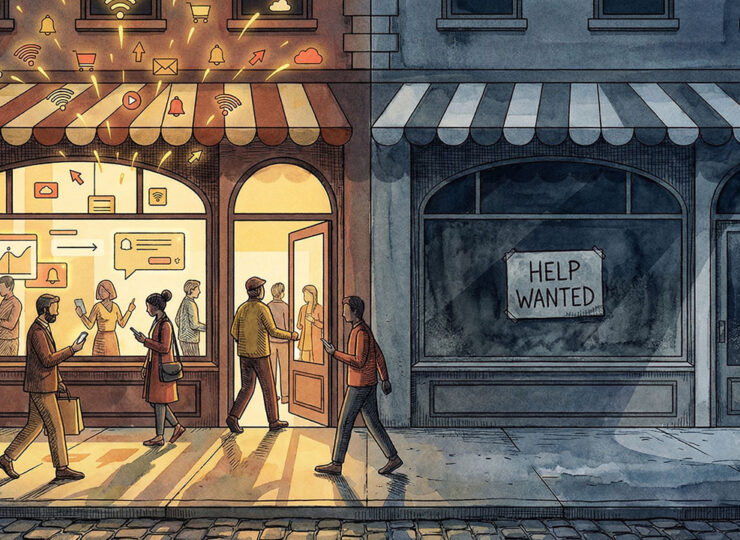 Split-screen illustration of two shopfronts on the same street — one thriving with digital activity, the other quiet with a help wanted sign.