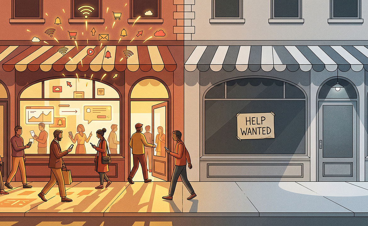 Split-screen illustration of two shopfronts on the same street — one thriving with digital activity, the other quiet with a help wanted sign.