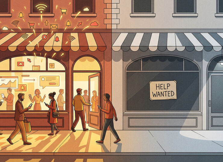 Split-screen illustration of two shopfronts on the same street — one thriving with digital activity, the other quiet with a help wanted sign.