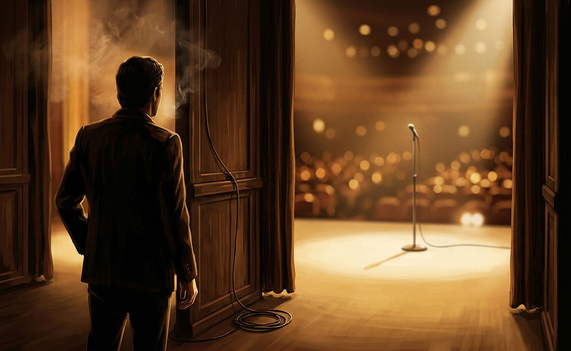 A figure stands in the wings of a warmly lit casino stage, watching the spotlight on the main performance area — evoking the moment before an introduction that changes everything.