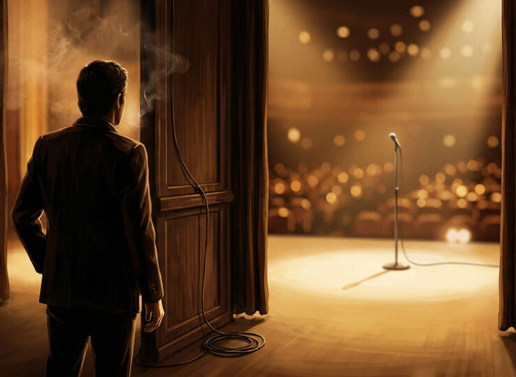 A figure stands in the wings of a warmly lit casino stage, watching the spotlight on the main performance area — evoking the moment before an introduction that changes everything.