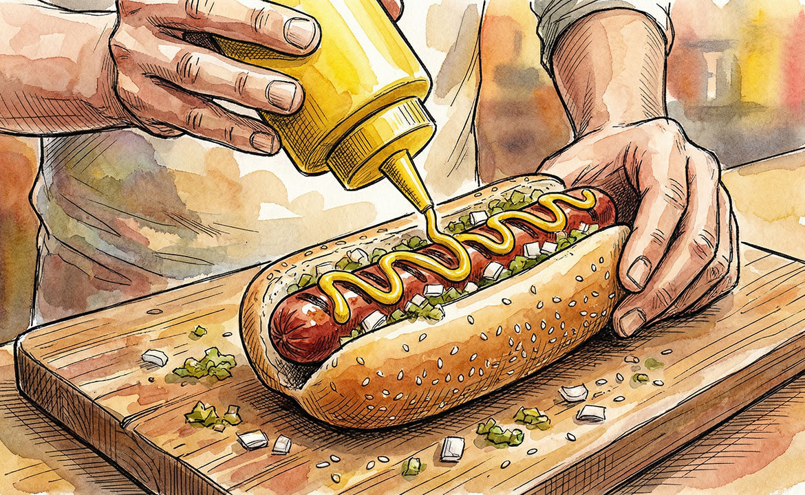 Hands adding toppings to a hotdog — close-up food photography showing mustard, relish, and onions being layered onto a bun